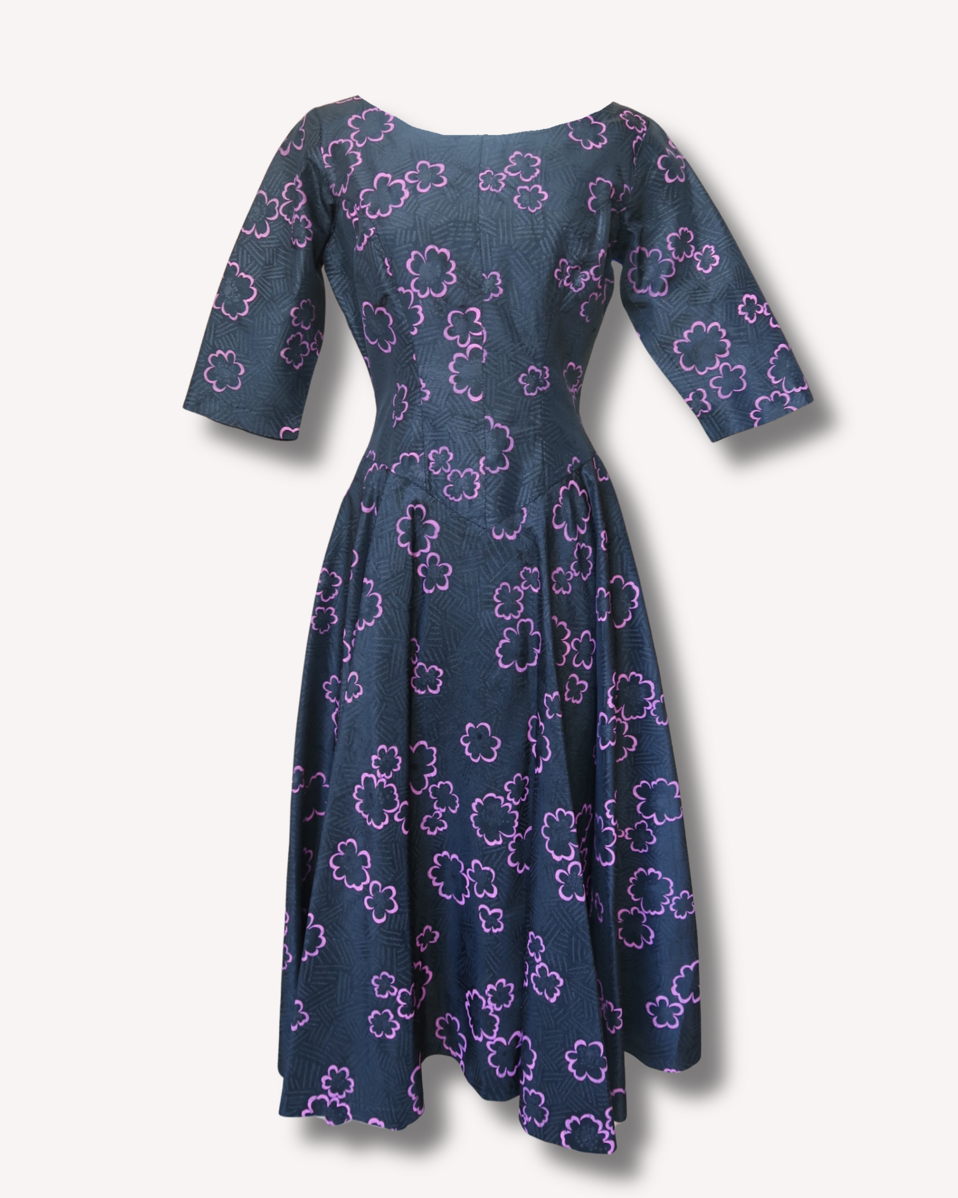 Vintage MONIQUE - 1950s Dark Charcoal Floral Flocked Fit & Flare