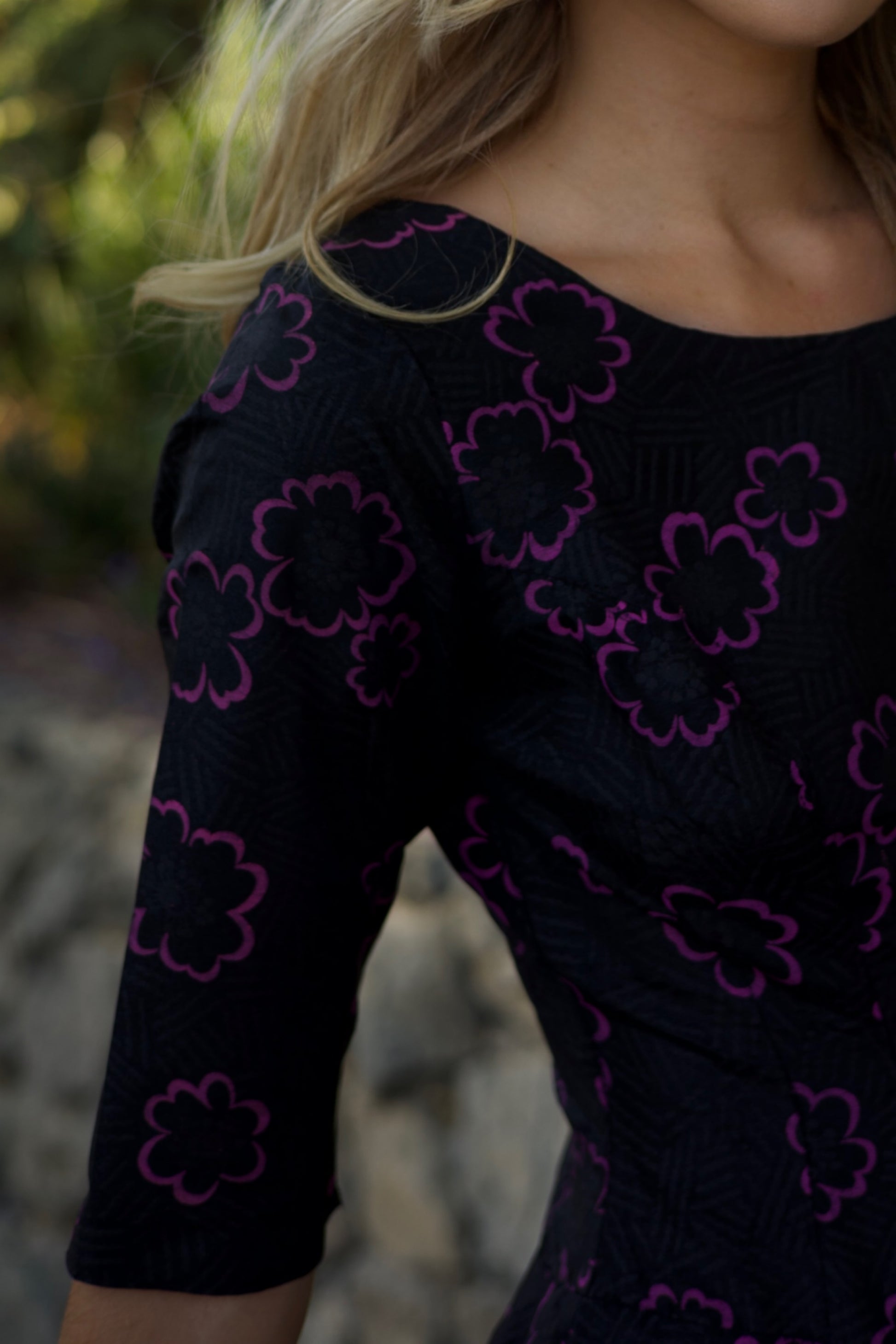 Vintage MONIQUE - 1950s Dark Charcoal Floral Flocked Fit & Flare