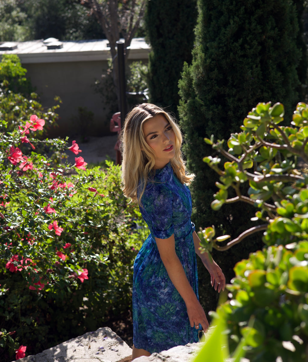 Vintage AUBREY - 1950s Blue & Green Floral Day Dress