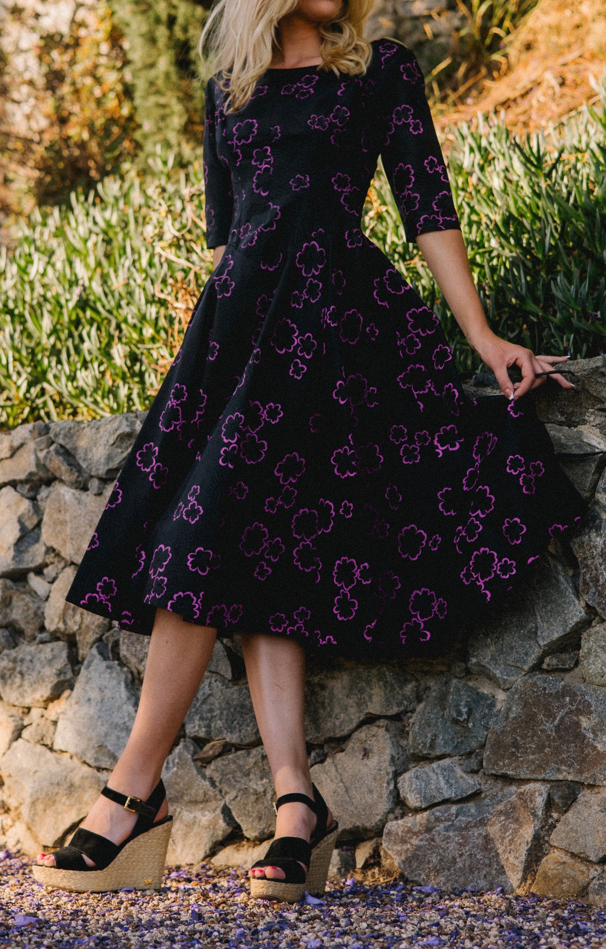 Vintage MONIQUE - 1950s Dark Charcoal Floral Flocked Fit & Flare