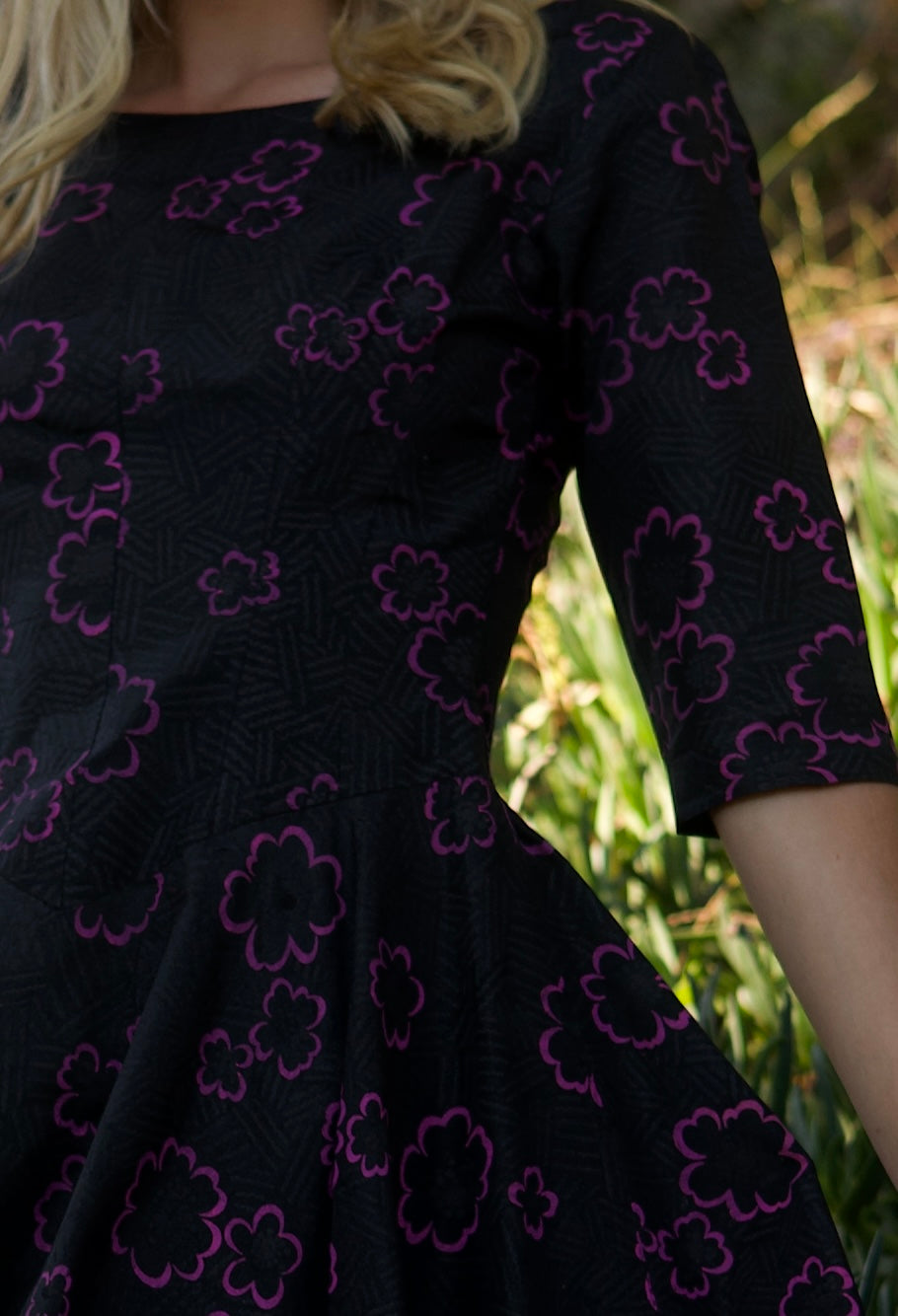 Vintage MONIQUE - 1950s Dark Charcoal Floral Flocked Fit & Flare