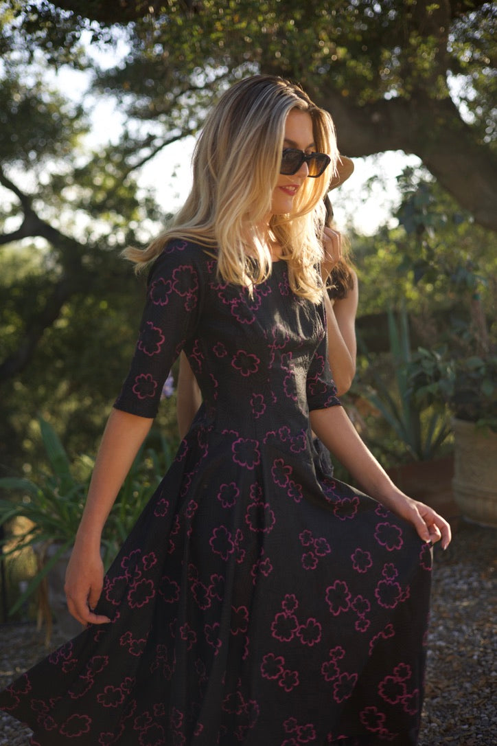 Vintage MONIQUE - 1950s Dark Charcoal Floral Flocked Fit & Flare