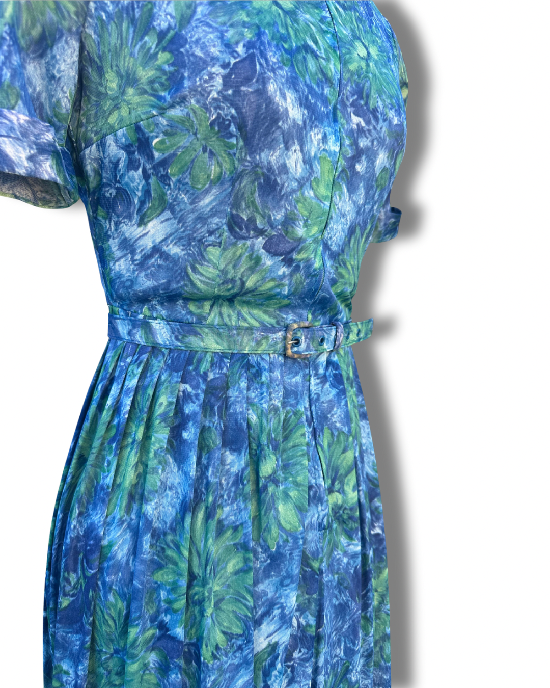 Vintage AUBREY - 1950s Blue & Green Floral Day Dress