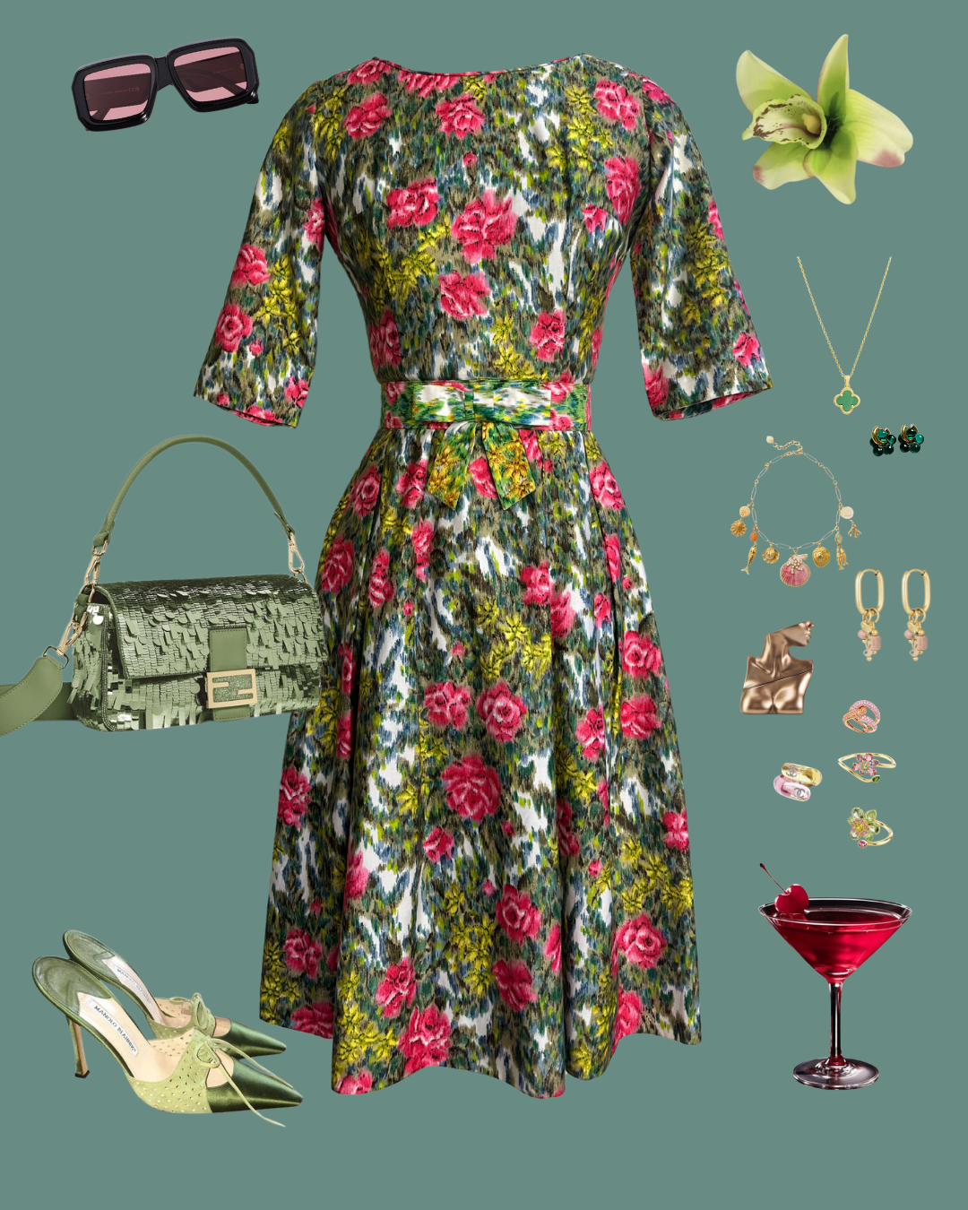 Vintage DONNA - 1950s Painted Rose Day Dress
