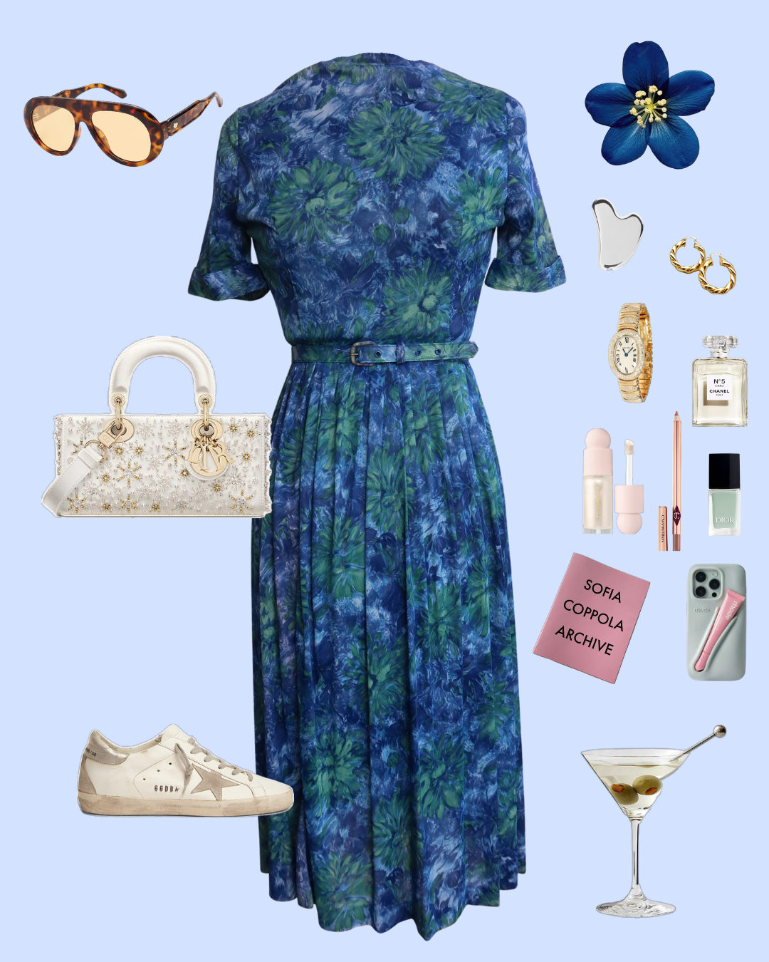 Vintage AUBREY - 1950s Blue & Green Floral Day Dress