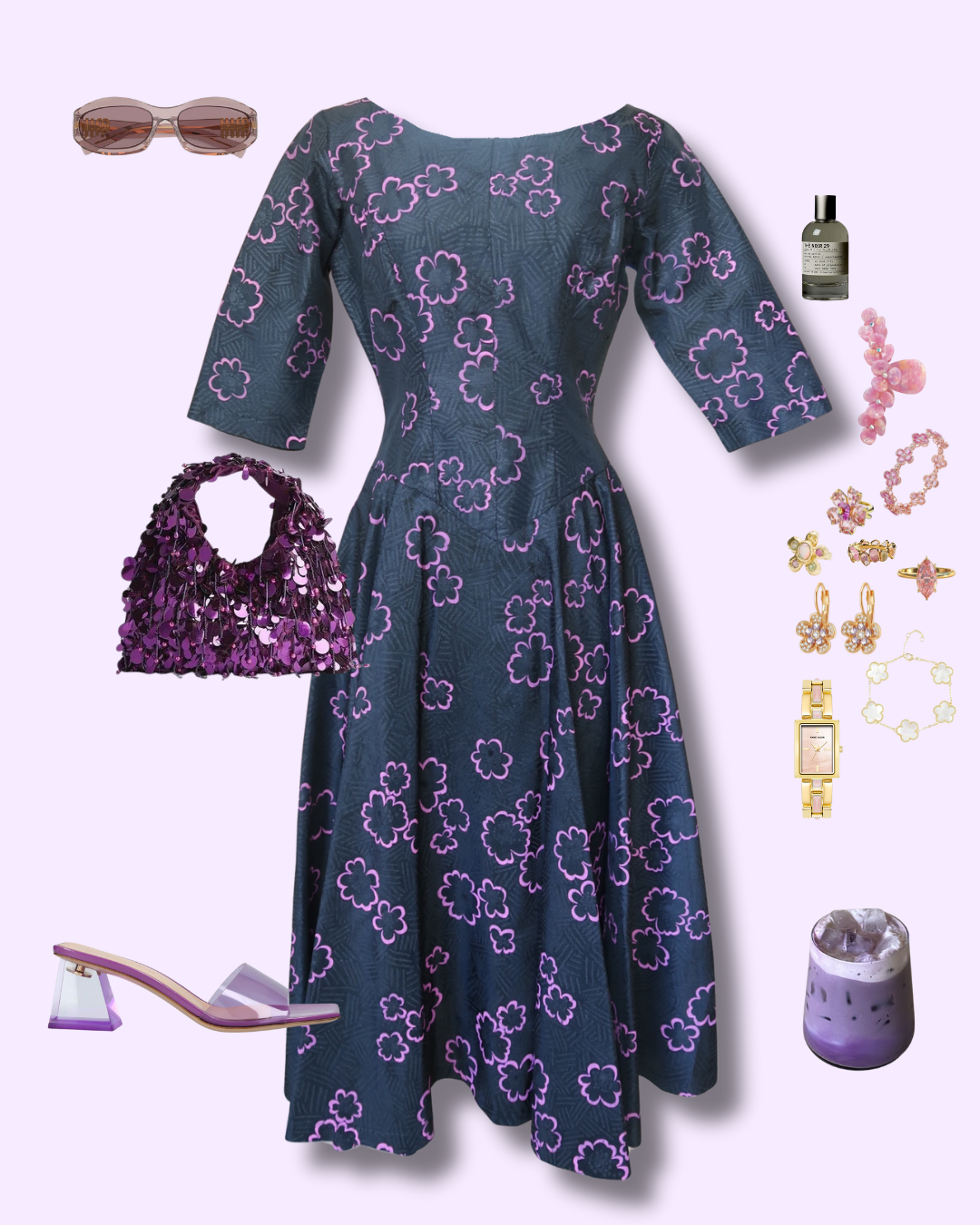 Vintage MONIQUE - 1950s Dark Charcoal Floral Flocked Fit & Flare